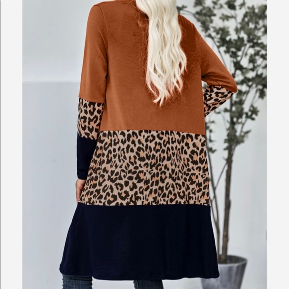 1Left! Black/Leopard/Burnt Orange ColorBlock Sweater Long Cardigan! - Picture 2 of 9